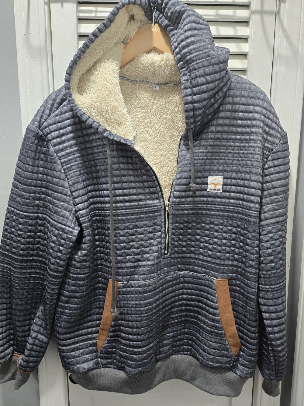 Freiheit Blue Gray Waffle 1/4 Zip Pullover Sherpa Fleece Lined Hoodie Size L